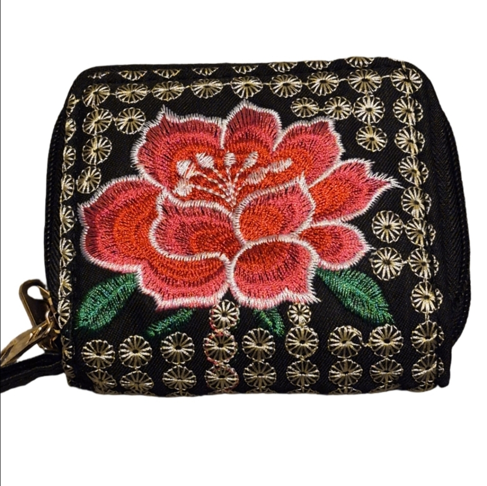 Floral Embroidered Black Wallet